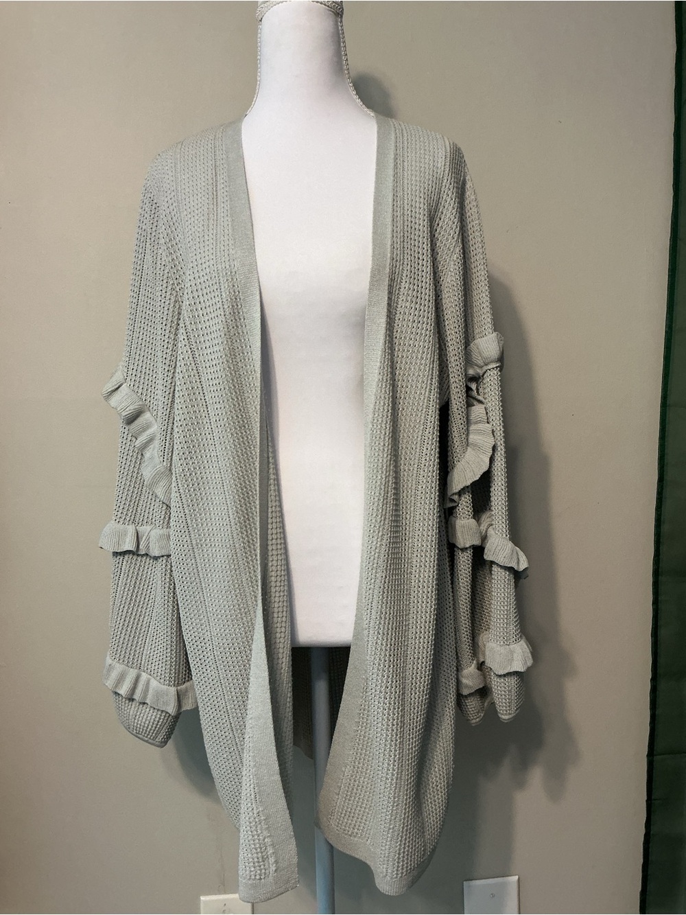 Express Light Gray Open-Front Ruffle-Sleeve Cardigan